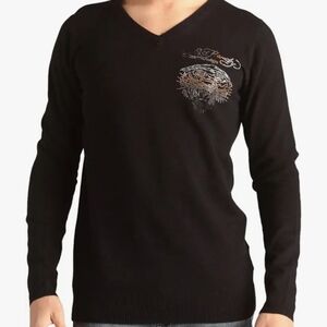 Ed Hardy Wool Blend Tiger Rhinestone Double Sided V-Neckline Pullover Sweater